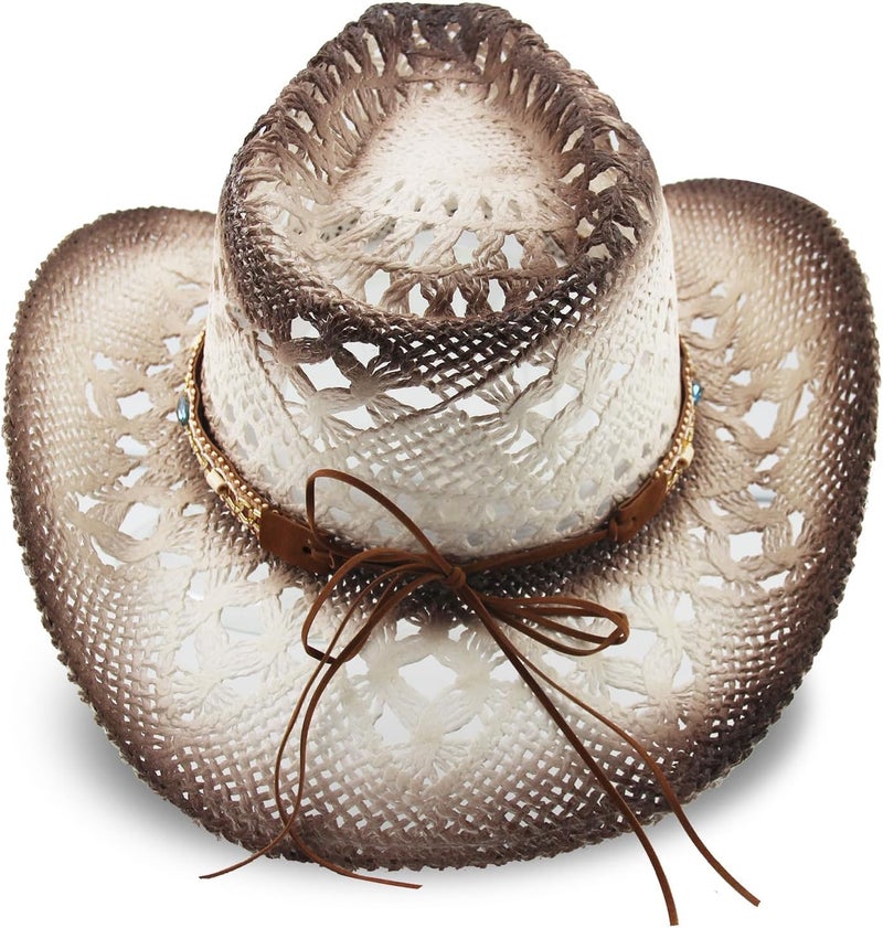 Foeran Men's Women's Straw Cowboy Hat Cowgirl Woven Sun Hat Western Cowboy Hat Two Decorative Bands - Image 4